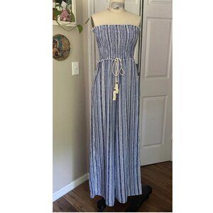 NORDSTROM Gauze Seersucker Strapless Denim Stripe JUMPSUIT Romper *X-SMALL*